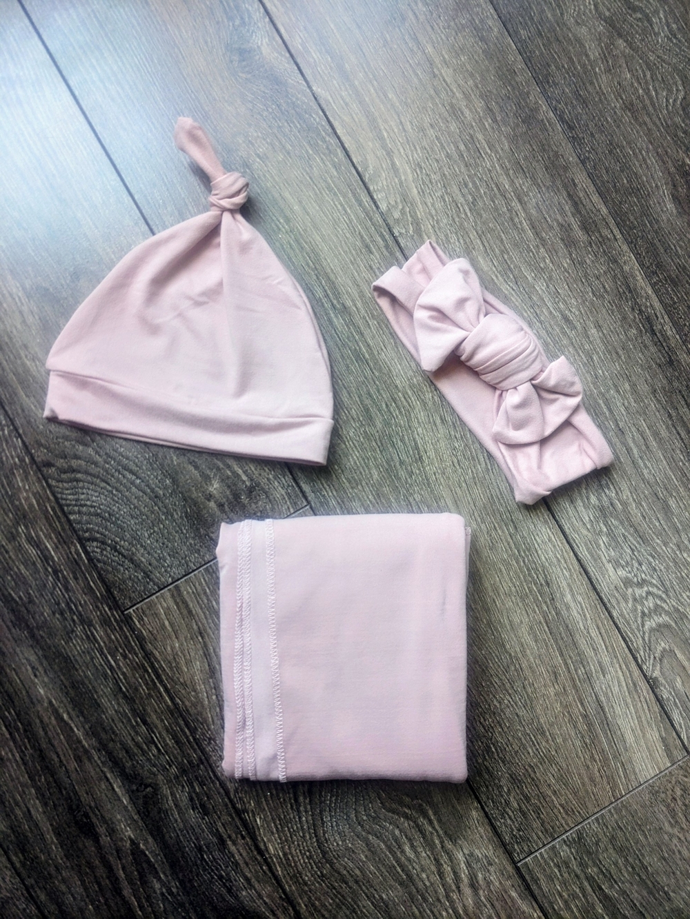 Blush Pink Baby Hat, Headband & Swaddle Set Newborn